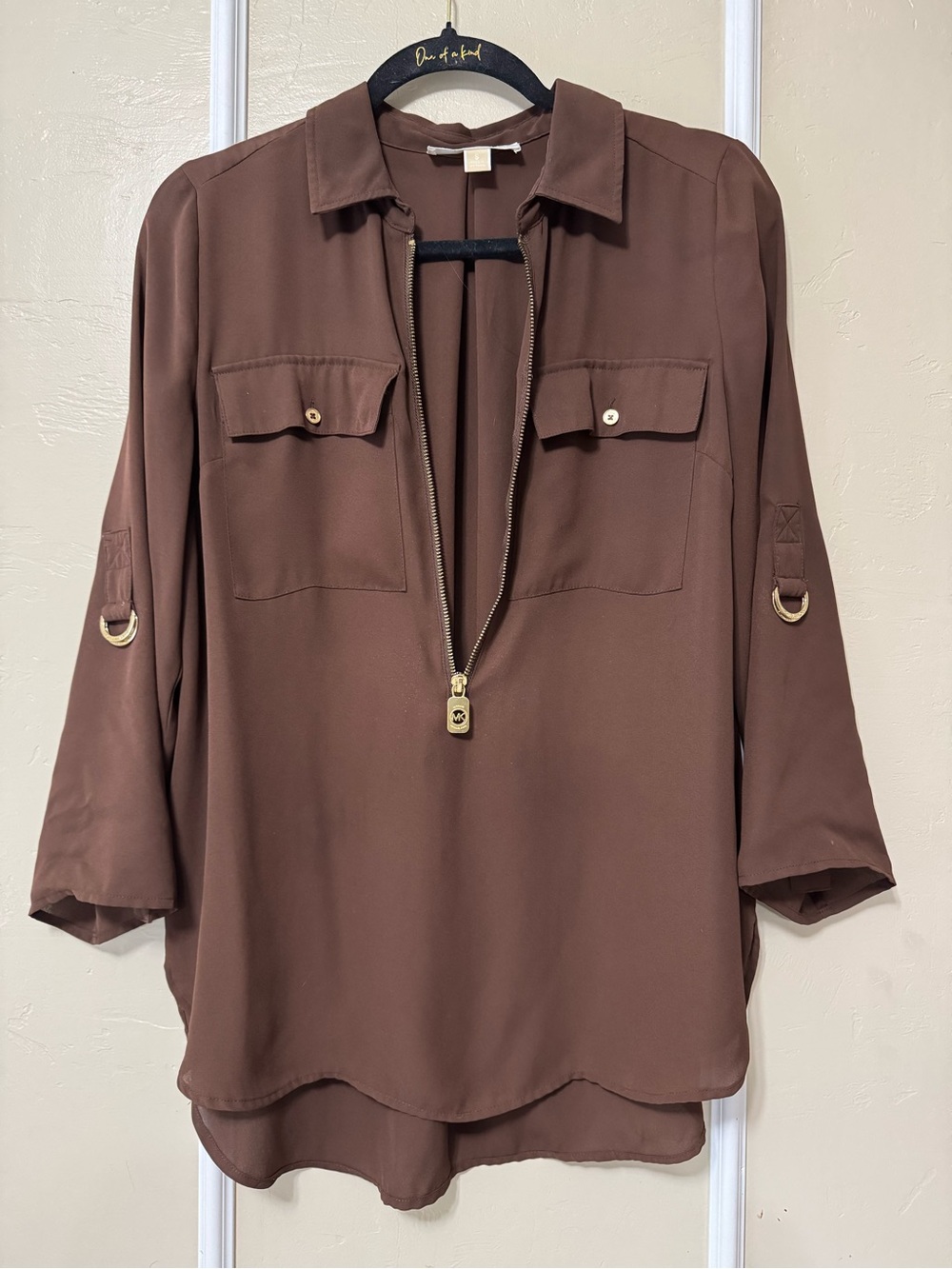Michael Kors Brown Zip-Front Utility Blouse